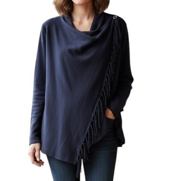 Chico's Sweaters - Chicos Cardigan Sweater Navy Blue Wrap Size 1/M Asymmetrical Fringe Lagenlook‎